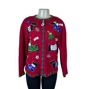 Tiara International Women’s Red Cotton/Ramie Christmas Sweater Scottie Dog Sz M